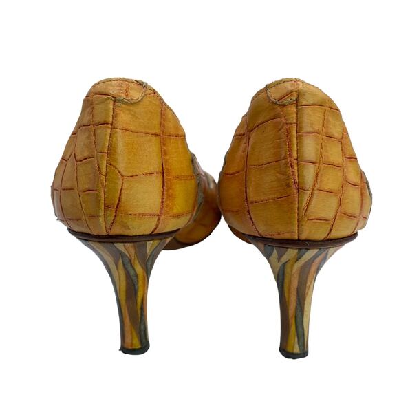 Goffredo Fantini Women Orange Leather Croc Print Peep Toe Tasseled Heel Pump 37 - Picture 5 of 9